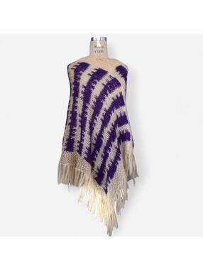 Vintage 70s Purple Fringe Poncho, Wool Boho Hippie